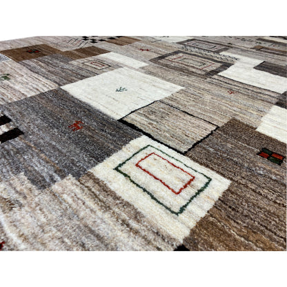 Close-up: carpet pile with woven patterns in gray, beige, black, and red
