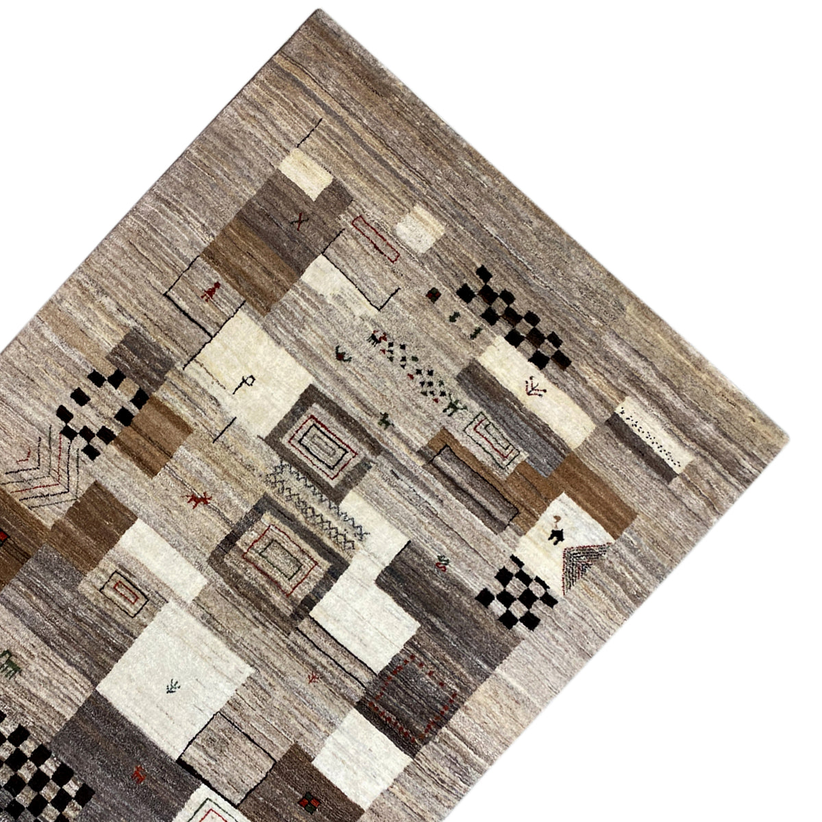 Carpet detail with lines and square mosaic, beige and gray areas with black tiles