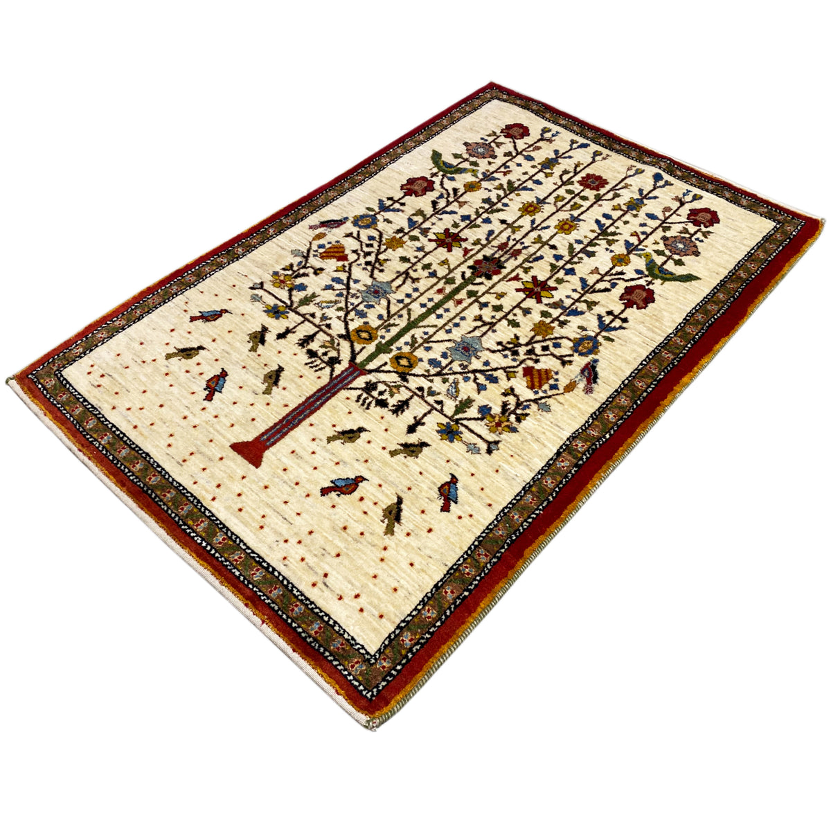Gabbeh rug with a beige background, red border, and delicate linear floral pattern with dots