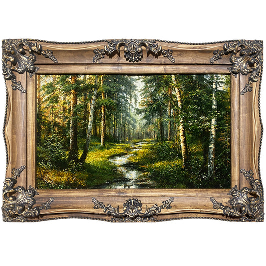 Tapestry 101x54 cm Forest Path in a decorative frame with ornamental corners and a colored picture panel