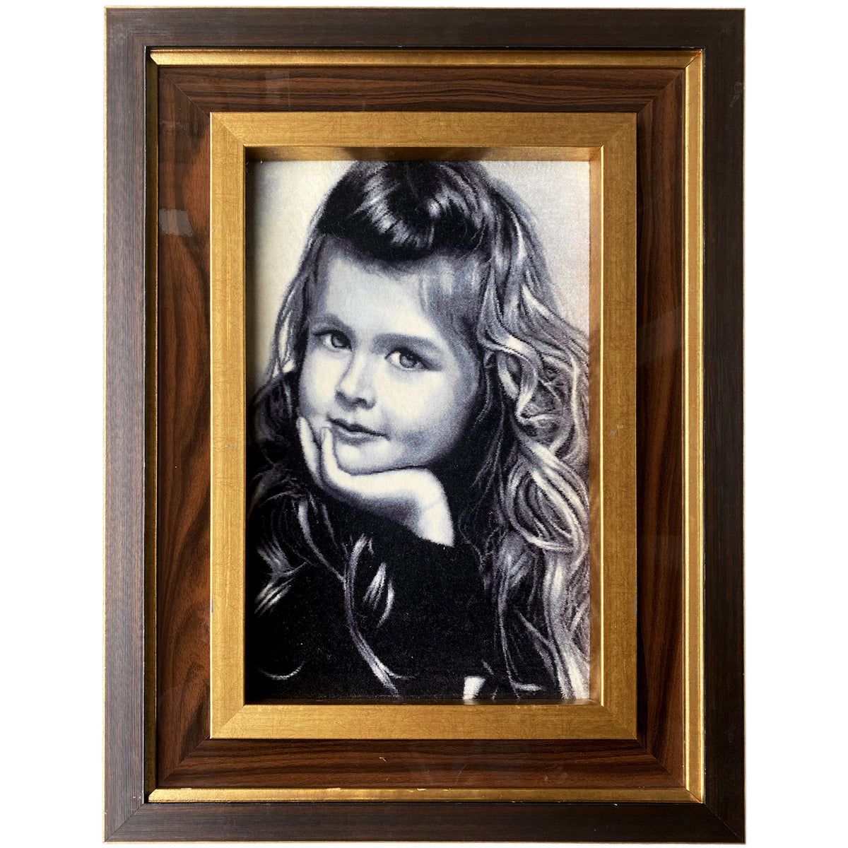 Framed wall tapestry with a portrait of a girl.