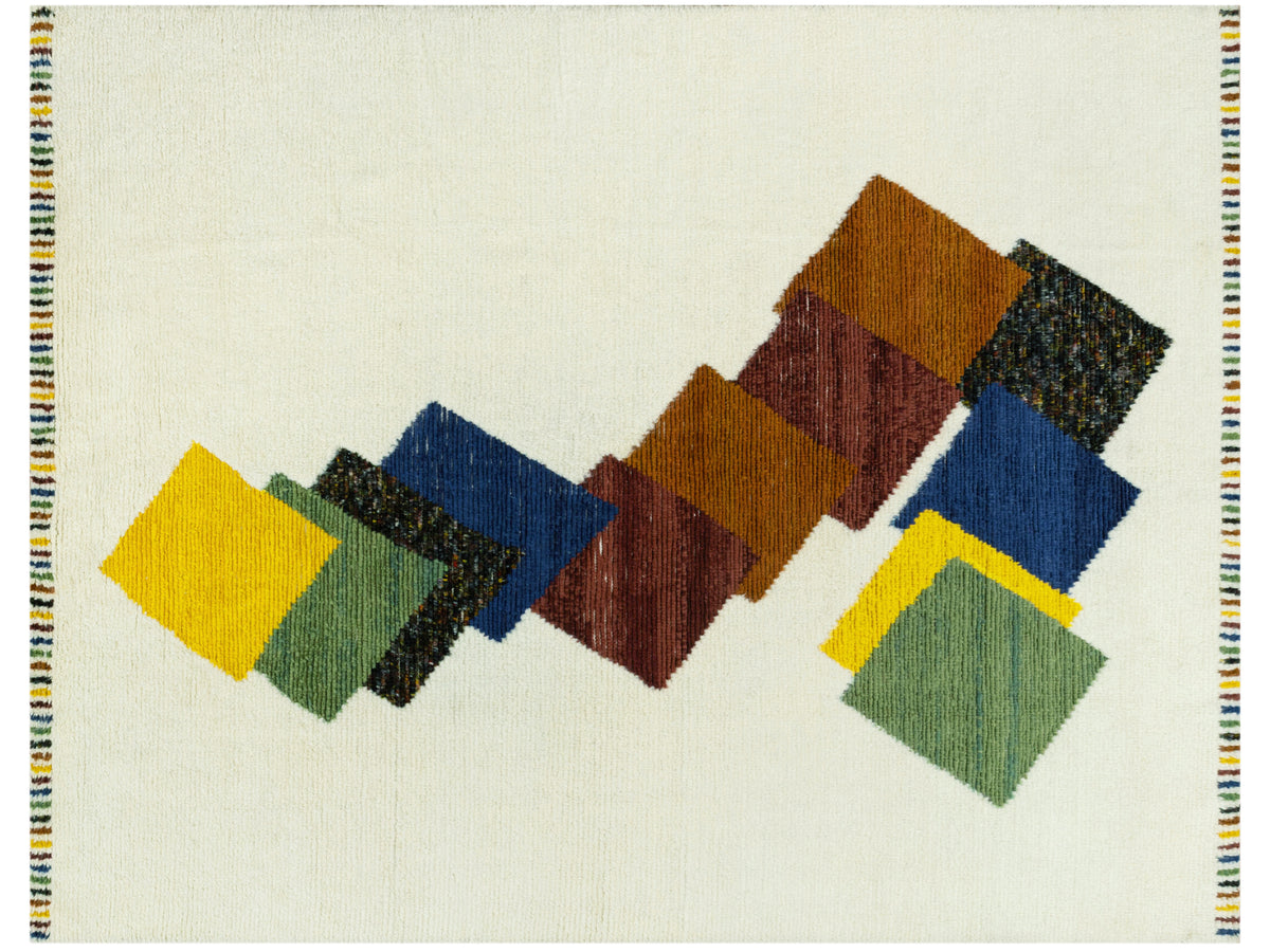 Teppich mit geometrischem Quadratmuster in Gelb, Blau, Grün und Braun, zierliche Kanten