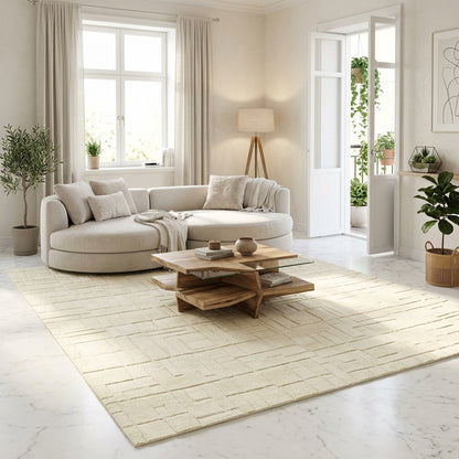 Teppich 300x250 cm in Creme mit Ziegelmuster im Wohnraum, rechteckig