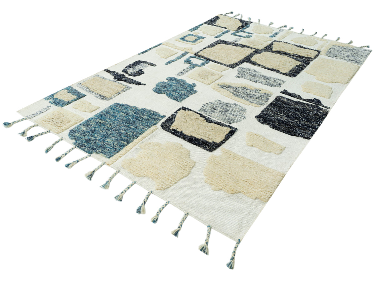 Teppich 240x170 cm mit Rechteck-Blockmuster aus Creme, Blau und Schwarz, umlaufenden Fransen