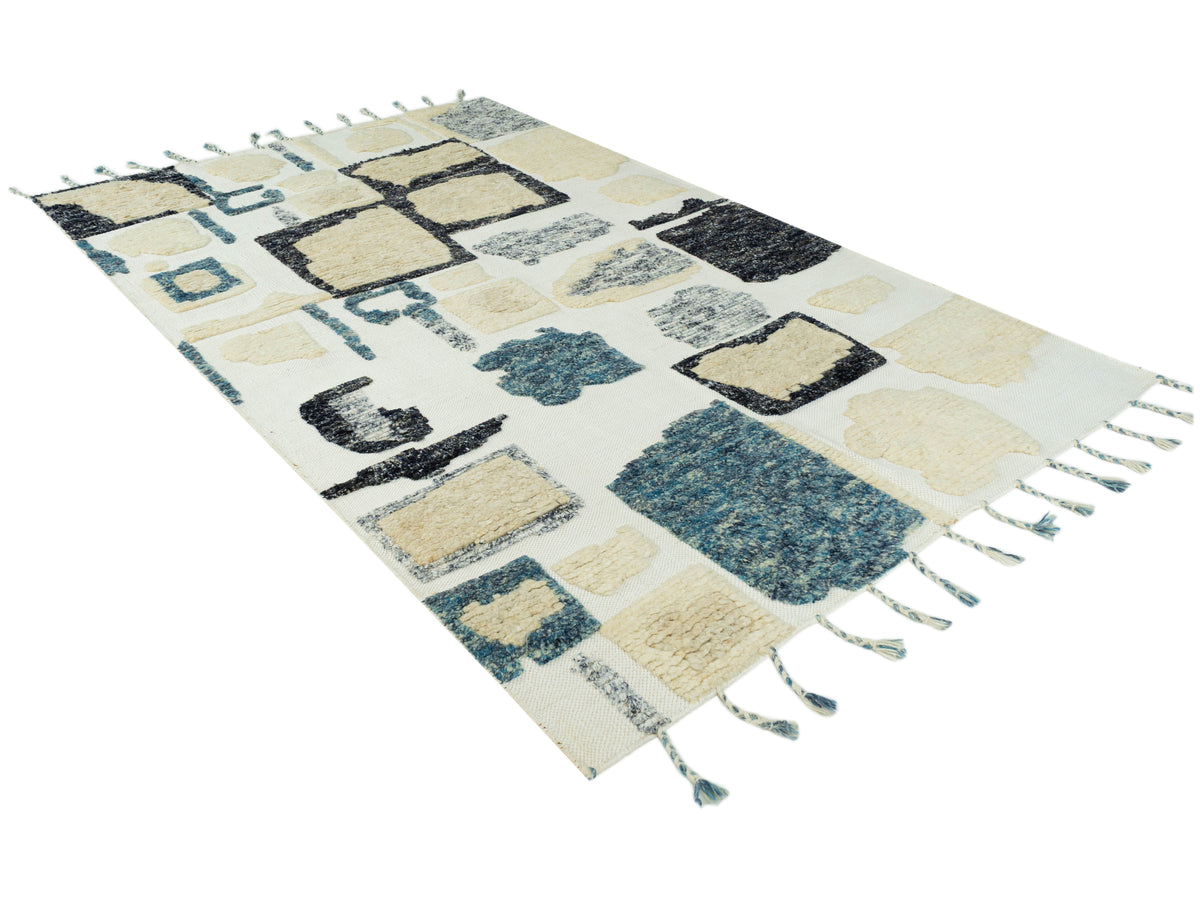 Teppich 240x170 cm mit variierenden Rechtecken in hellem Creme, Blau und Schwarz, Fransen