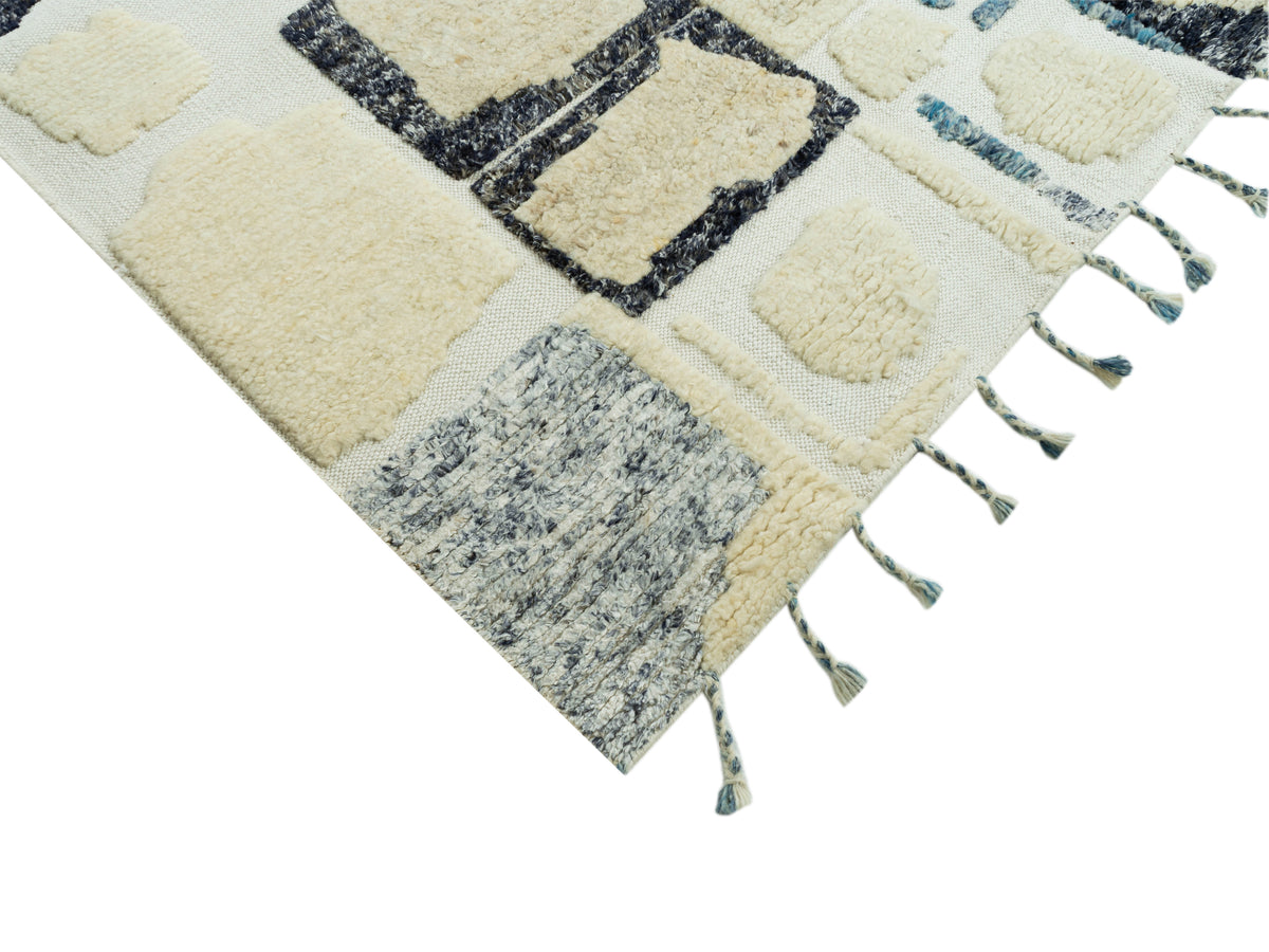 Teppich 240x170 cm Ecke mit Fransen, creme-blau-schwarzes Blockmuster