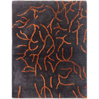 Designer rug, dark gray with an abstract orange line pattern, front view