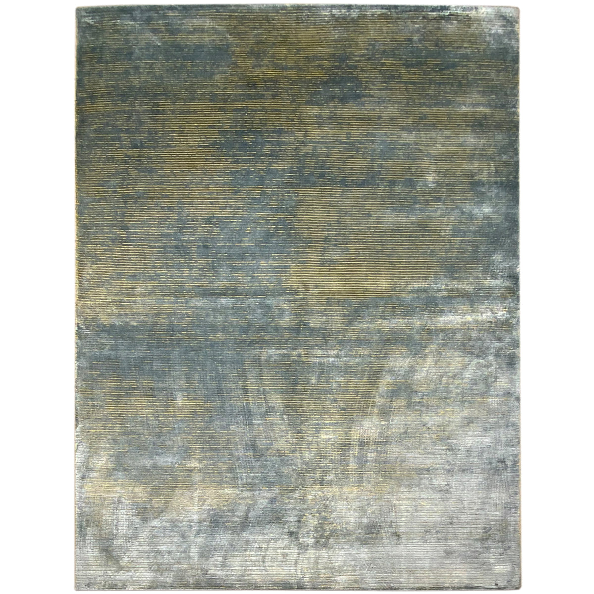 Designer rug with a blue-gray mottled pattern and golden lines, square