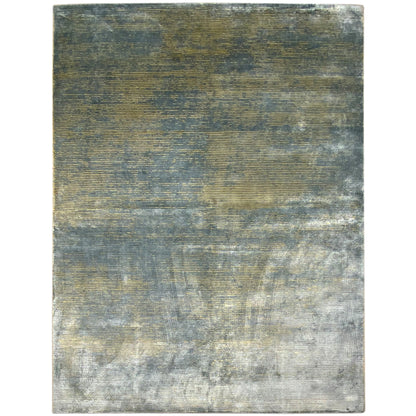 Designer rug with a blue-gray mottled pattern and golden lines, square