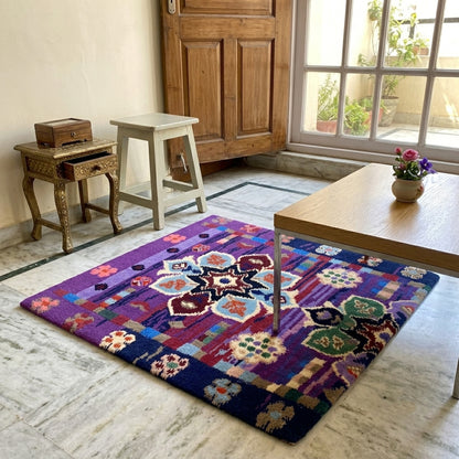 Designer rug 77x62 cm with a purple pattern and multicolored ornaments
