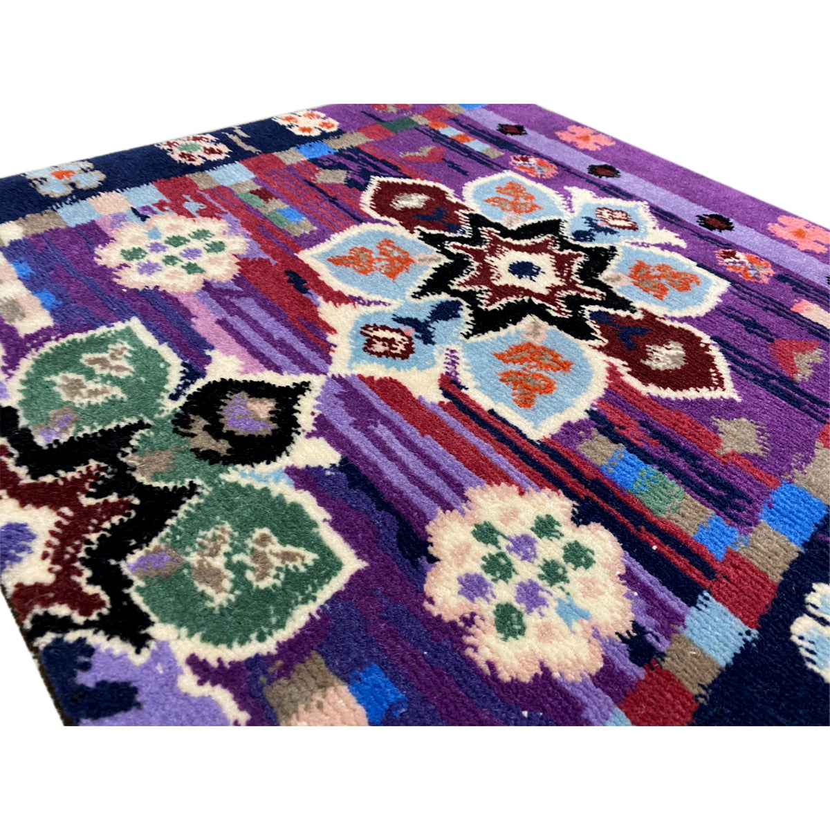 Rug 77x62 cm detail view: purple stripes, floral and vine ornaments