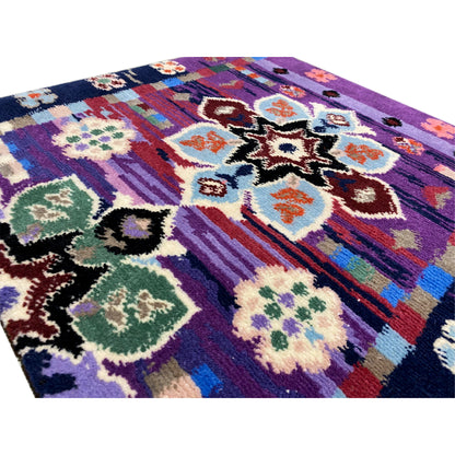 Rug 77x62 cm detail view: purple stripes, floral and vine ornaments