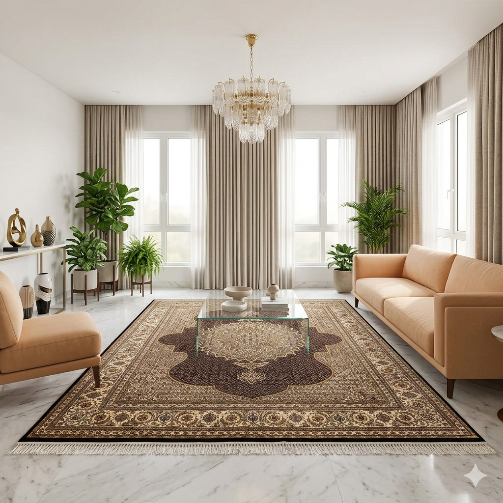Teppich mit großem Medaillon in Dunkelbraun und Beige, reich gemustert