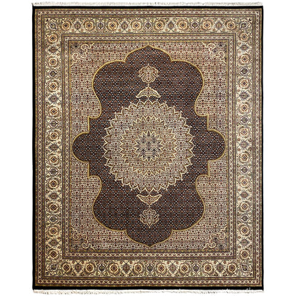 Teppich mit zentralem Medaillon in Dunkelbraun, Beige und Gold, beidseitig gerahmt