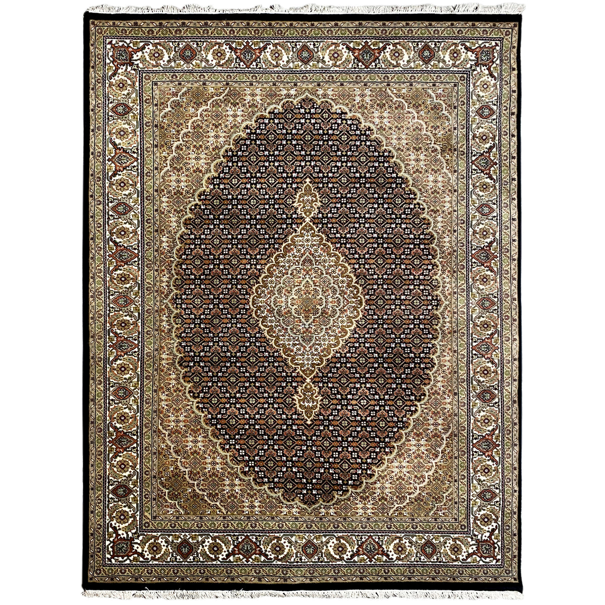 Indo-Tabriz-Teppich mit Medaillon-Design und floralen Ornamenten, braun-beige und dunkel