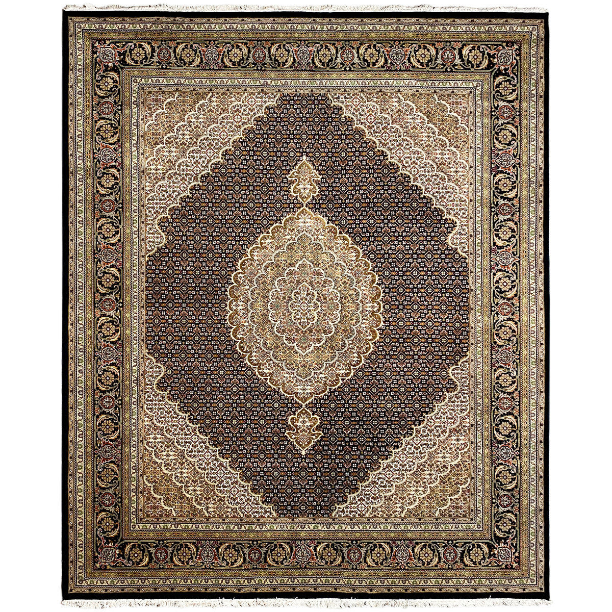 Teppich mit großem Mittelmedaillon und floralen Ornamenten, braun-schwarz mit beiger Bordüre