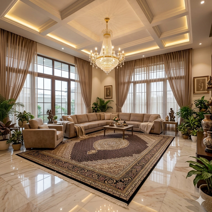Indo Tabriz Teppich mit ornamentalem Medaillonmuster, rechteckig, dunkelbraun/creme