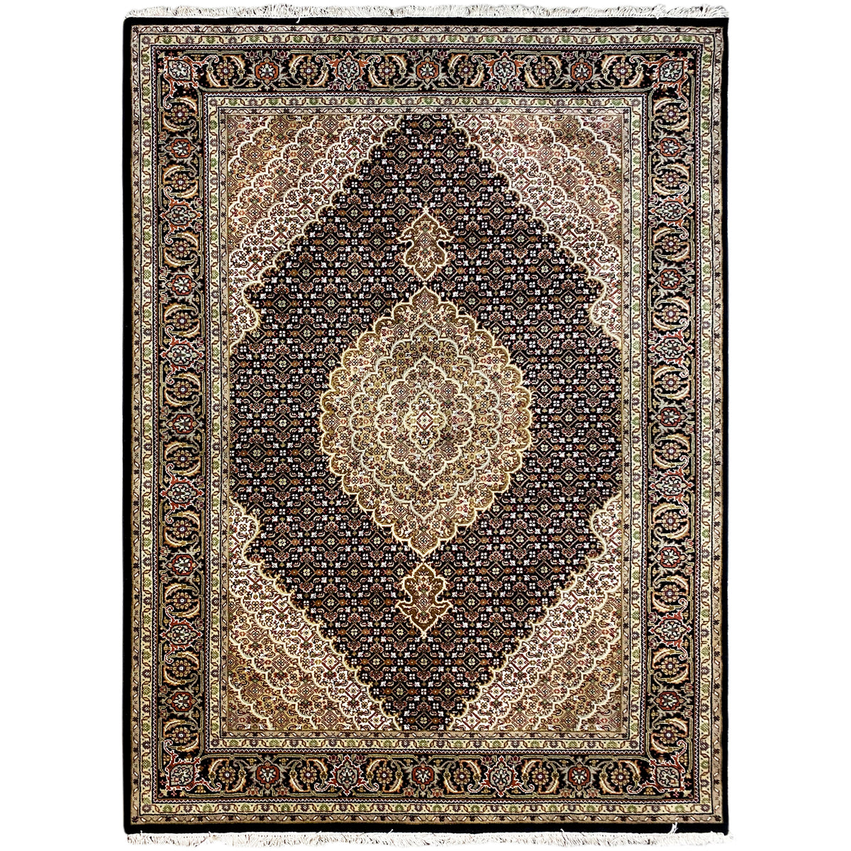 Orientteppich mit Medaillon-Muster in Beige, Braun und Dunkelblau, rechteckig gesäumt