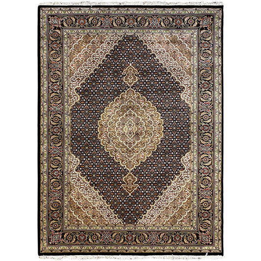Orientteppich mit Medaillon-Muster in Beige, Braun und Dunkelblau, rechteckig gesäumt