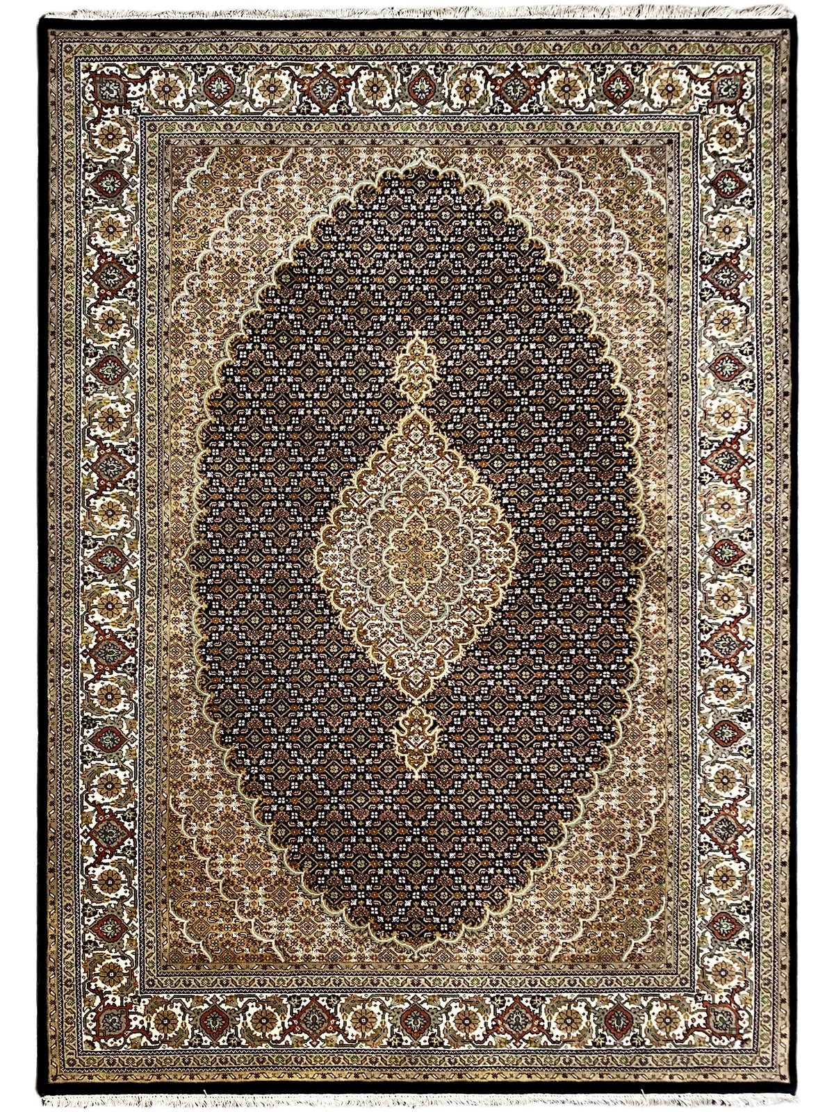 Teppich mit zentralem Medaillon und umlaufendem Bordürendesign in Beige und Dunkel
