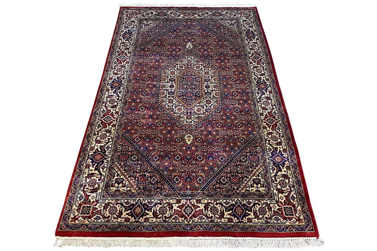 Bidjar rug photographed upright, dark red and blue pattern with fringes
