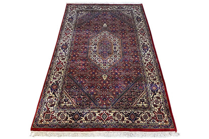 Bidjar rug photographed upright, dark red and blue pattern with fringes
