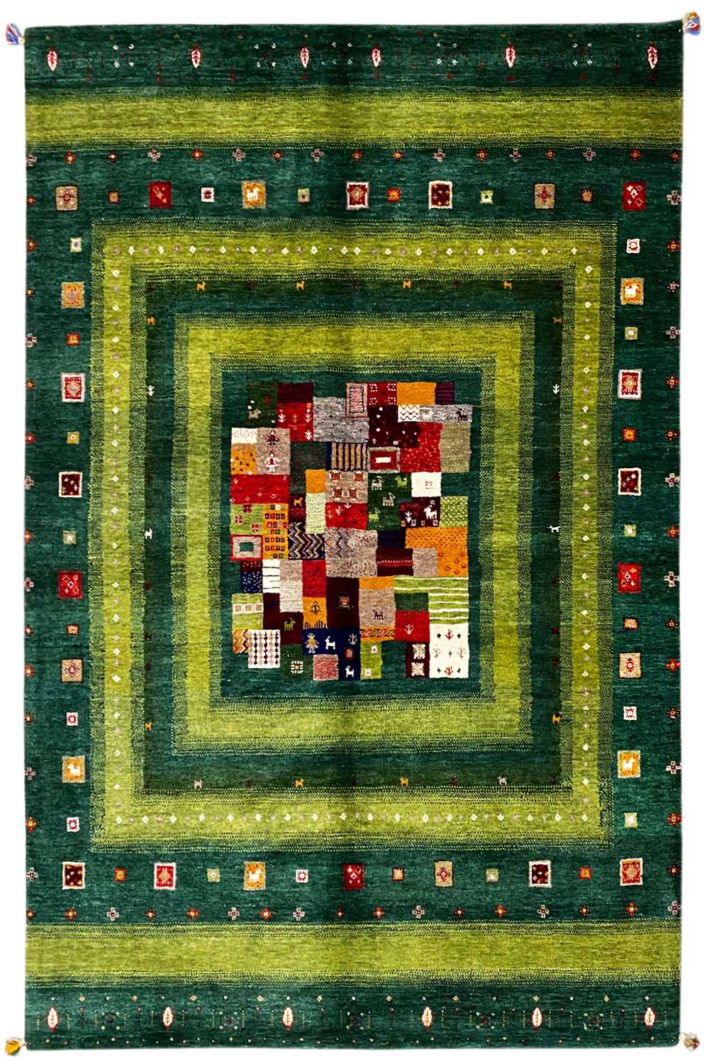 Gabbeh Lori rug with a green square medallion and multicolored patchwork pattern