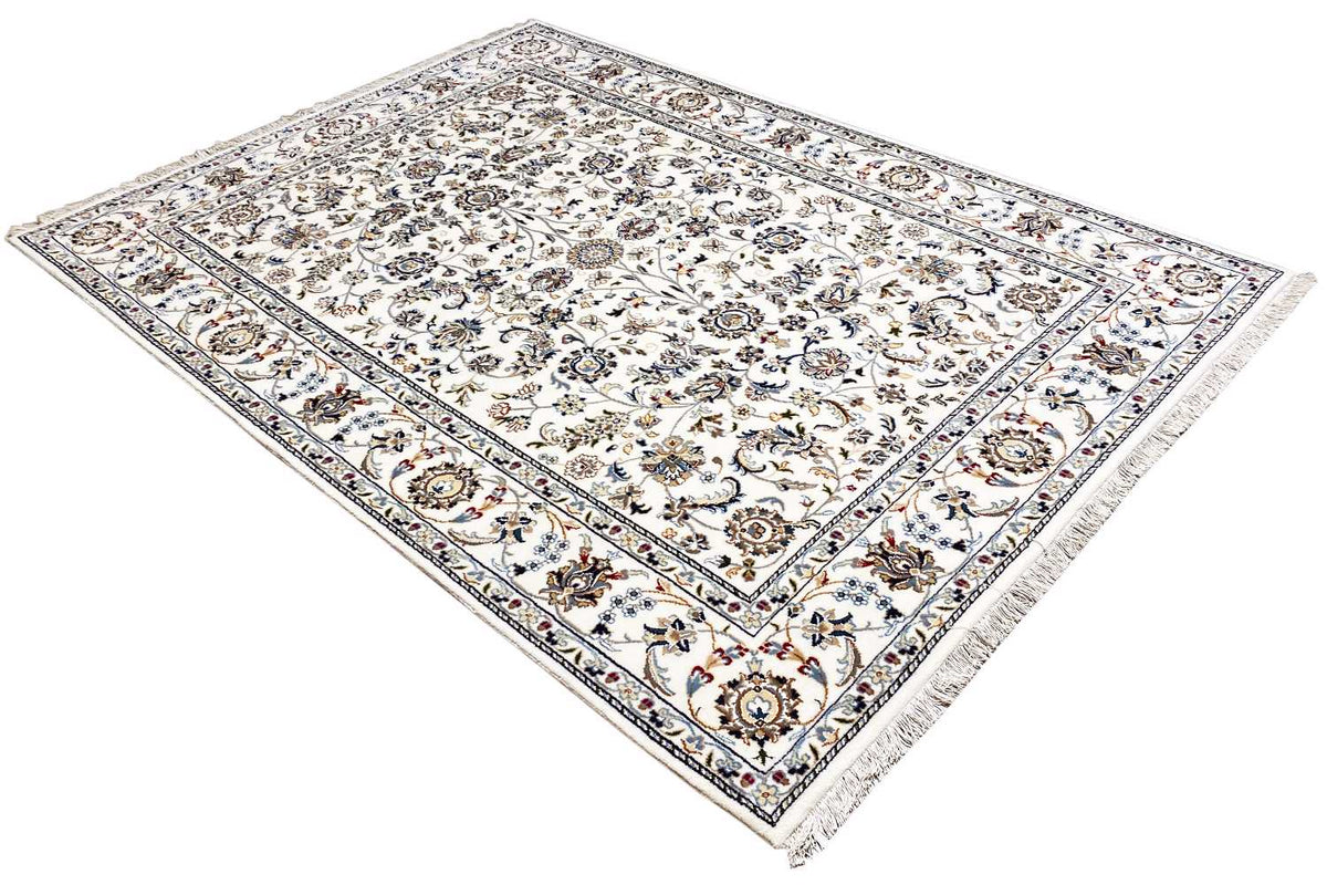 Beige rug with a diagonal floral pattern, corner frame, and borders