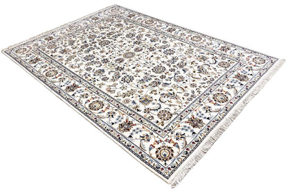 Beige rug with a diagonal floral pattern, corner frame, and borders
