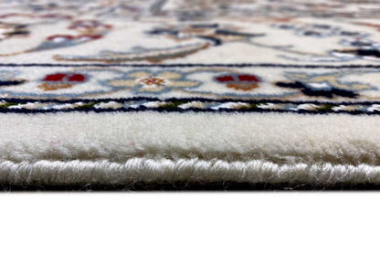 Rug edge with fringes and a dense pile, beige base with patterned stripes