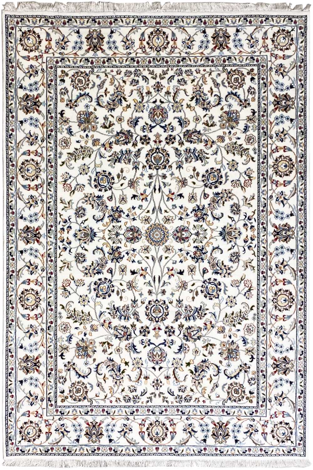 Beige Indo-Nain rug with an ornate floral pattern and border, framed in a square shape