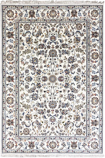 Beige Indo-Nain rug with an ornate floral pattern and border, framed in a square shape