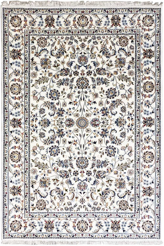 Beige Indo-Nain rug with an ornate floral pattern and border, framed in a square shape