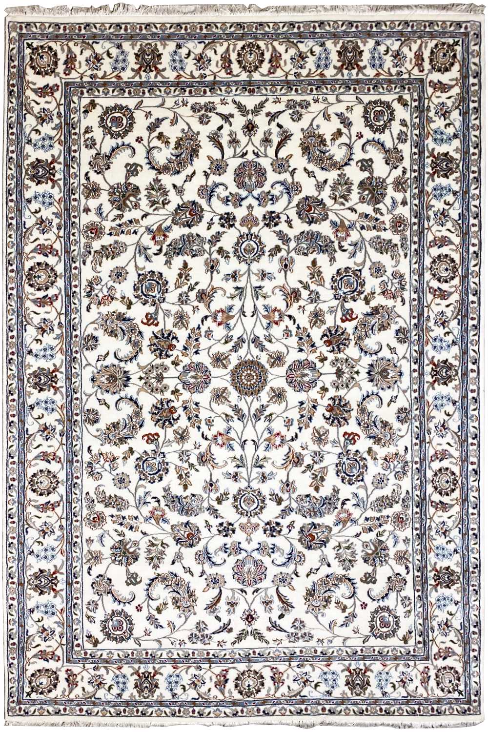 Beige oriental rug with a square decorative field and delicate floral ornament pattern
