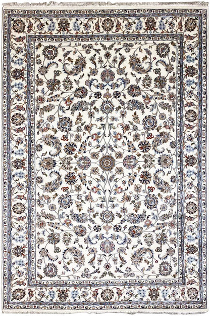 Beige oriental rug with a square decorative field and delicate floral ornament pattern