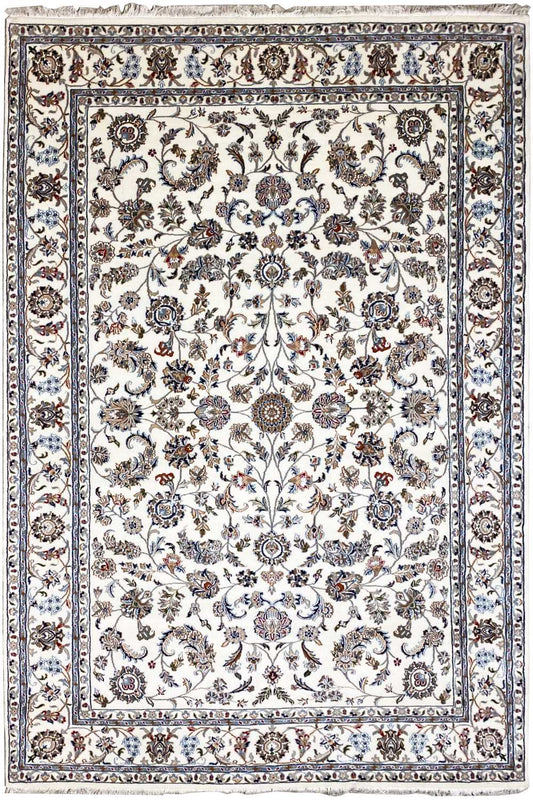 Beige oriental rug with a square decorative field and delicate floral ornament pattern