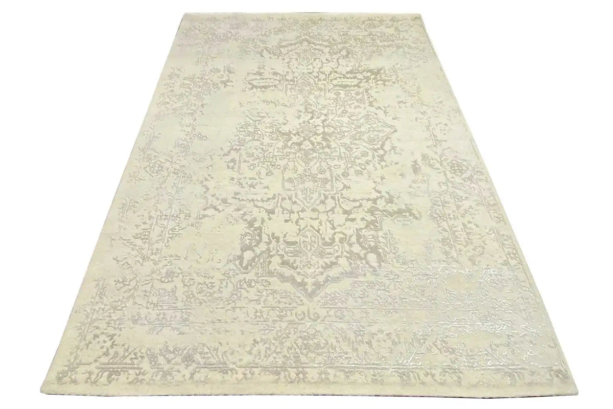 Indo Tabriz rug: light beige flatweave rug with an ornamental surface texture