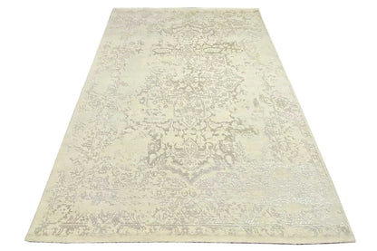 Indo Tabriz rug: light beige flatweave rug with an ornamental surface texture