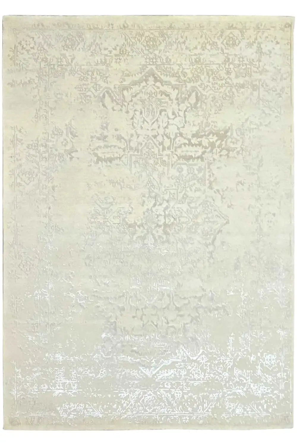 Indo Tabriz rug: cream-colored rug with an ornate central motif, flat-weave