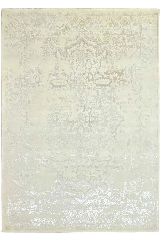 Indo Tabriz rug: cream-colored rug with an ornate central motif, flat-weave