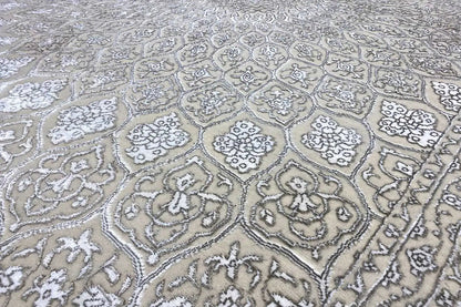 Carpet detail with a light beige-gray ornamental pattern and border