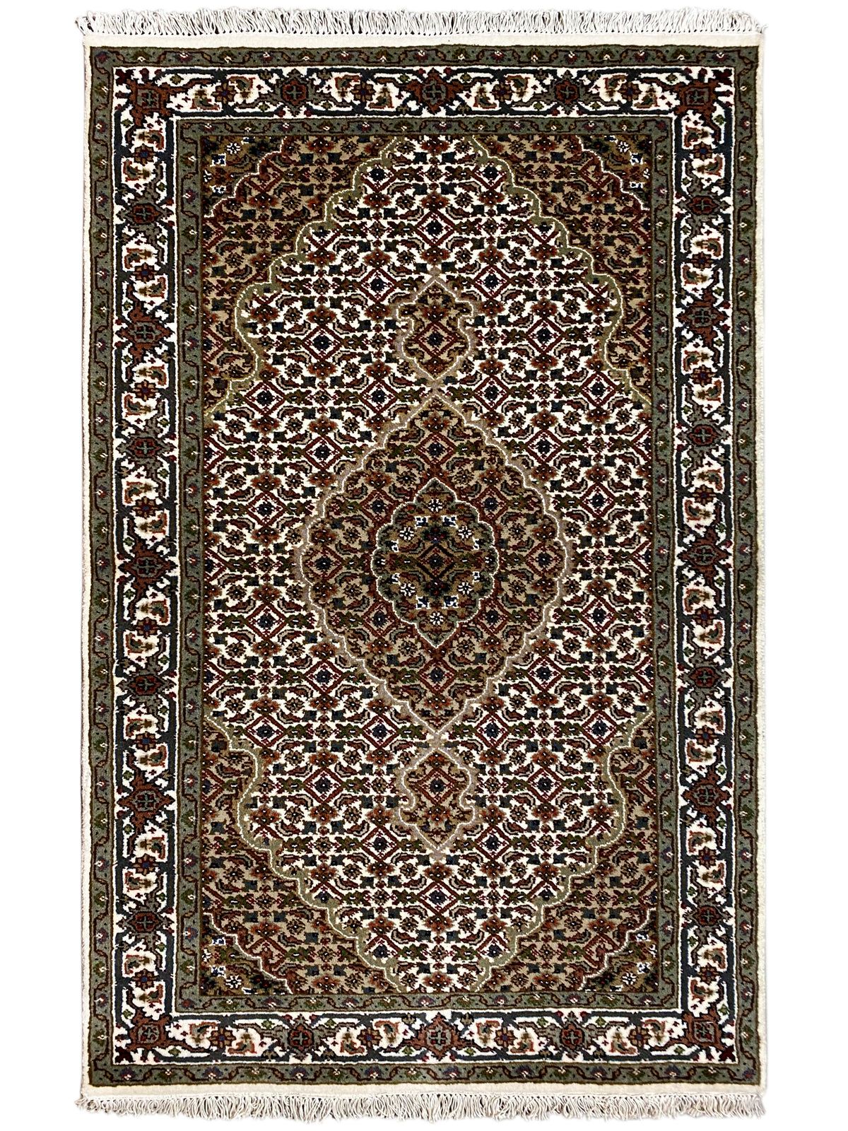 Indo Tabriz rug, rectangular: central medallion with delicate brown/green ornamentation