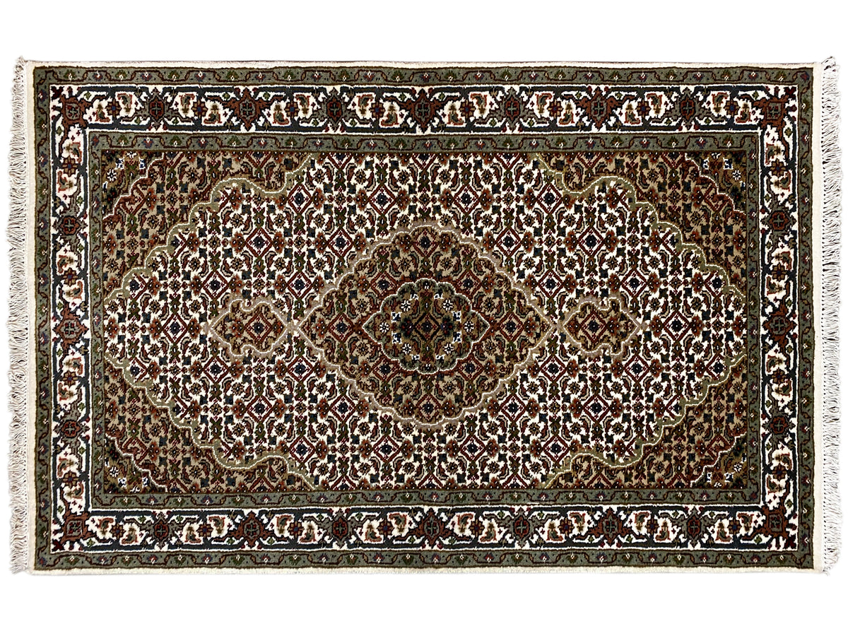 Indo Täbriz rug, rectangular: large-scale Baroque ornament in brown, green, and cream