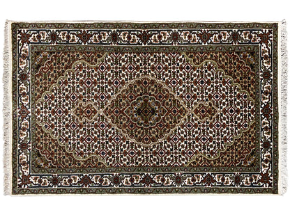 Indo Täbriz rug, rectangular: large-scale Baroque ornament in brown, green, and cream