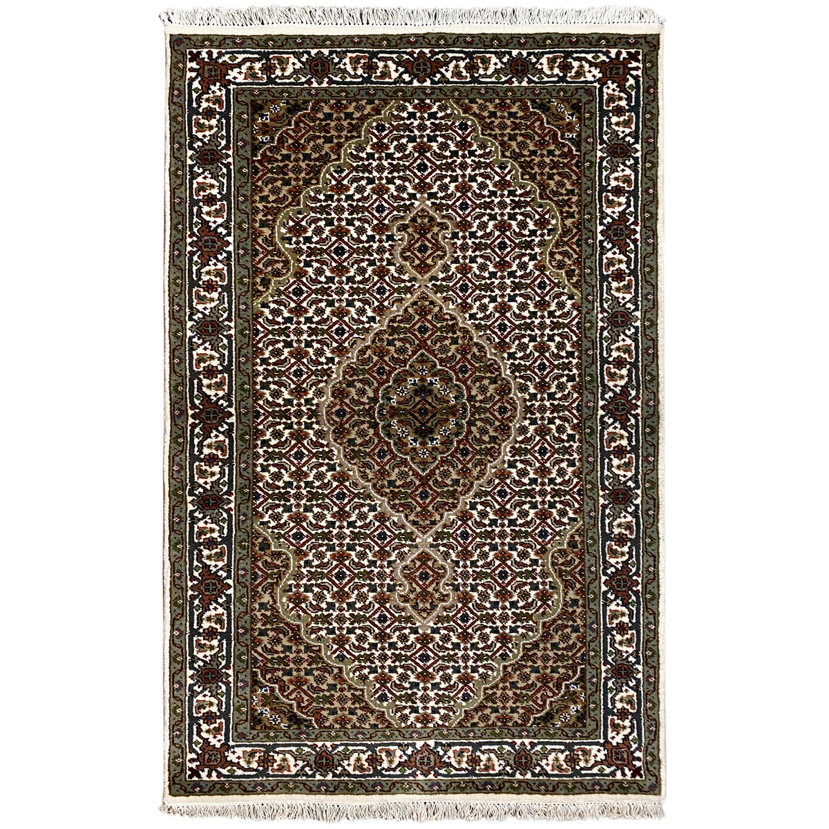 Indo Tabriz rug, rectangular: dark brown/green with a white ornamental border