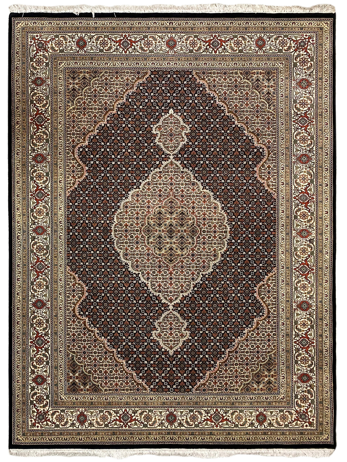Tabriz-style rug with a symmetrical medallion pattern and fine border bands