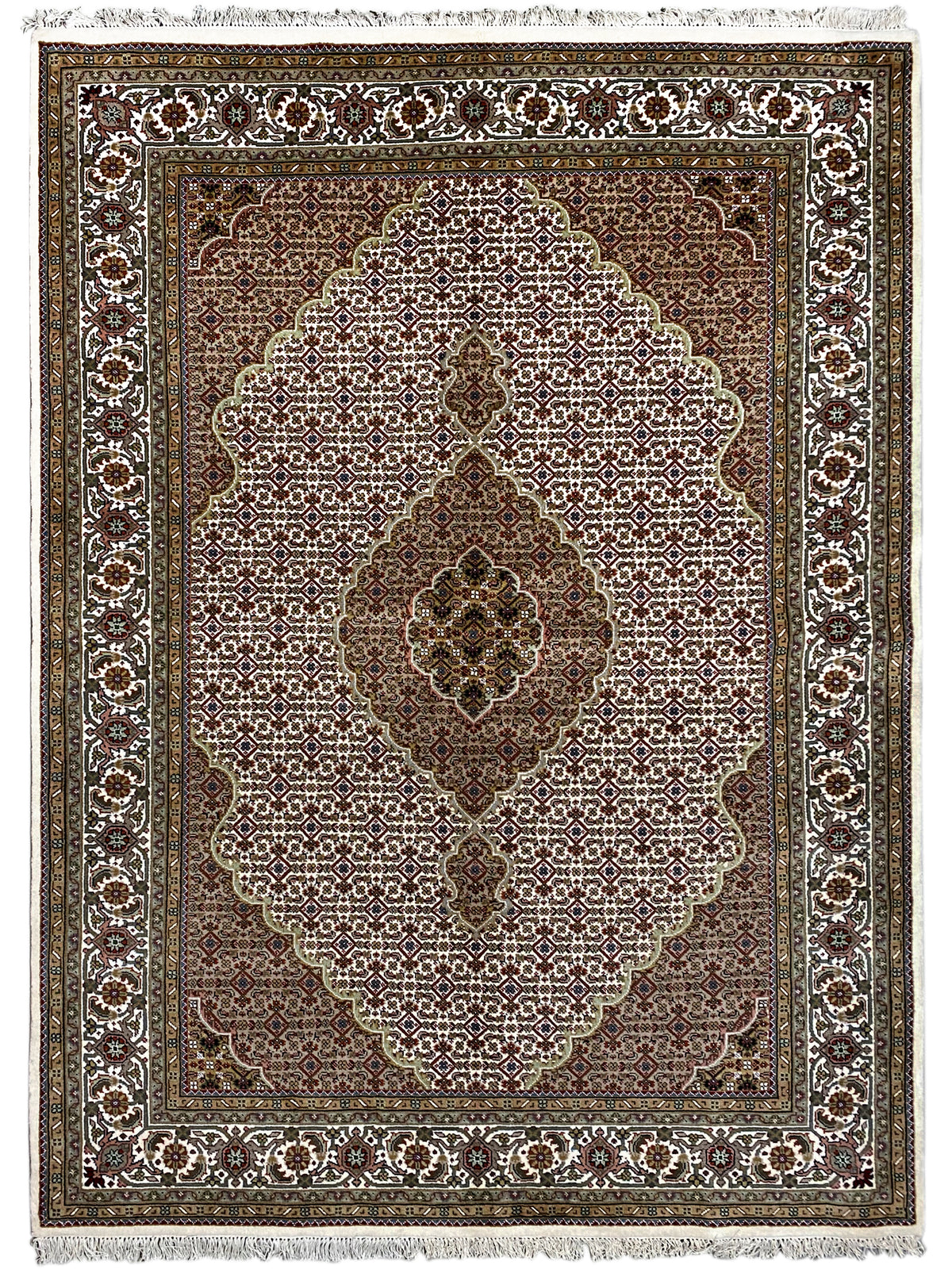 Indo Tabriz rug: border with a central medallion flower, dark brown and beige
