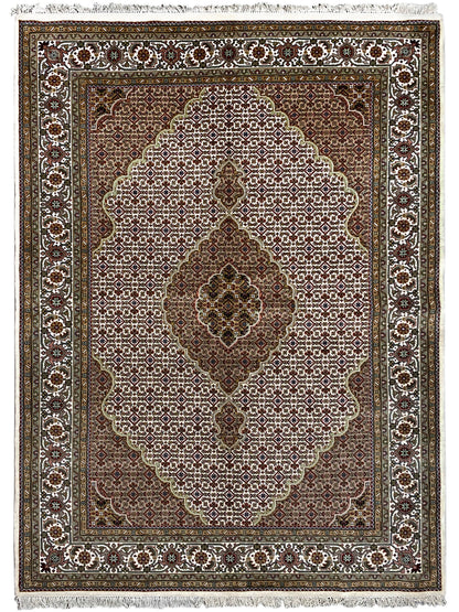 Indo Tabriz rug: border with a central medallion flower, dark brown and beige