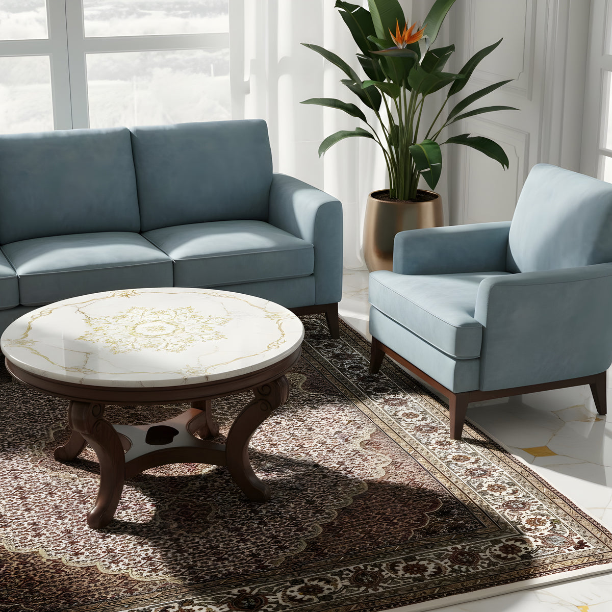 Rug on the living room floor, medallion design and ornaments in brown/beige
