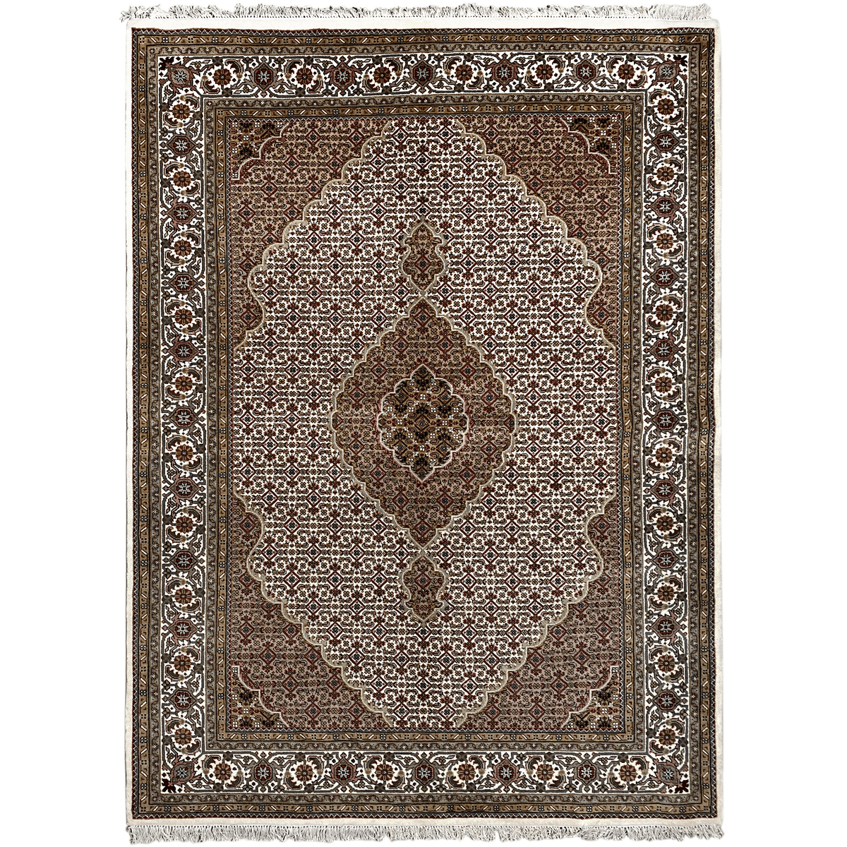 Rug with a large central medallion, brown background, beige and white ornamental border